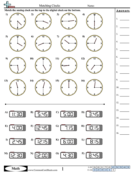 Matching Clocks (15 minute increments) Worksheet - Matching Clocks worksheet